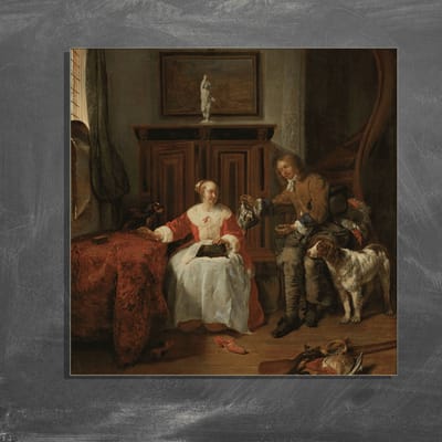 Wanddecoratie / Schilderij / Poster / Doek / Schilderstuk / Muurdecoratie / Fotokunst / Tafereel De jagersbuit - Gabriël Metsu gedrukt op Geborsteld aluminium