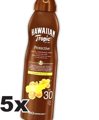 Hawaiian Tropic - Zonnebrand - Island Glow Dry Oil Continuous Spray SPF 30 - Hydraterend & Beschermend - 177 ml - Bulkverpakking - 5 stuks