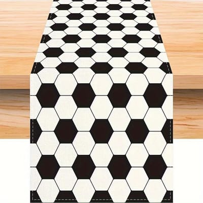 Chemin de table en lin motif géométrique blanc et noir pour le football Décor de fête Réutilisable Thème football Chemin de table pour table de cuisine Décorations pour la maison 150x33cm