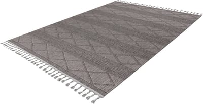 Lalee Tunis plat geweven vloerkleed Bohemian tapijt hoog en laagpolig 3d met grote franjes tijdloos 160x230cm grijs zilver