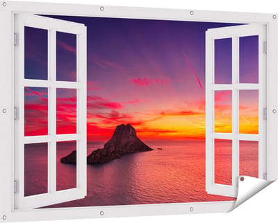 Gards Tuinposter Doorkijk Ibiza Rotsen Eiland bij Zonsondergang - 150x100 cm - Tuindoek - Tuindecoratie - Wanddecoratie buiten - Tuinschilderij