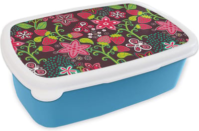 Broodtrommel Blauw - Lunchbox - Brooddoos - Meisjes - Fruit - Bloemen - Patronen - Girl - Kids - Kinderen - Kindje - 18x12x6 cm - Kinderen - Jongen