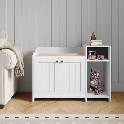Moderne Houten Kattenbakombouw met Lade & Opbergvak - Hond-Proof Kattenkast met Sluiting - Soft-Close - Bijzettafel - wit - 86x50x61.5CM