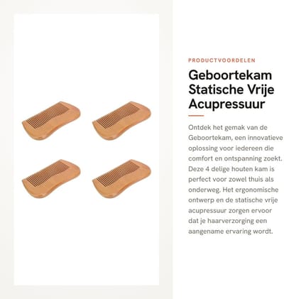 Dailygoods- Geboortekam Ergonomisch Ontwerp - 4 Delige Houten Kam - Acupressuur - Vermindert Belasting - Comfortabel in Gebruik - Voor Reizen - Massagekam