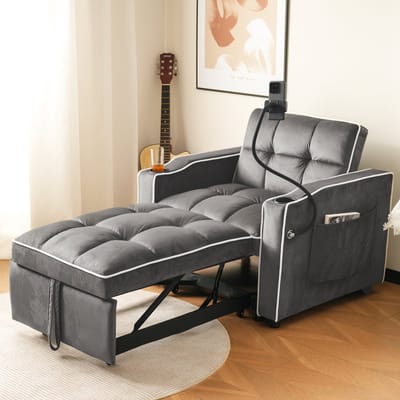 MODFU 3-In-1 Uitschuifbare Slaapstoel - Verstelbare Rugleuning Met Drankhouders En Telefoonhouder - Fluweel - Donkergrijs - 83 X 167 X 76 Cm