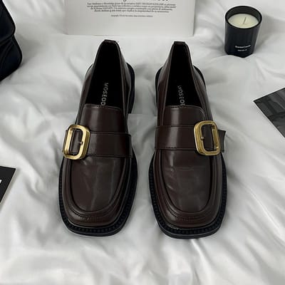 Talons Hauts Femme Nouveaux Mocassins Mary Jane Printemps Et Été Talon Moyen Chaussures en Cuir Bout Carré Chaussures à Talon Épais 35 marron