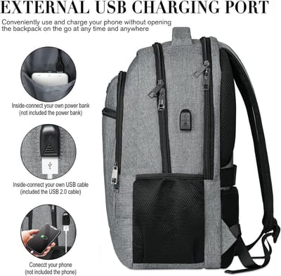 Famanu - Rugzak voor Mannen en Vrouwen, Schoolrugzak voor Jongens en Tieners, 15,6 inch Laptop Rugzak met USB-oplaadaansluiting voor Werk en School met Laptopvak en Anti-diefstaltas Grijs