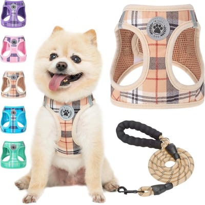 Huisdier harnas en riem - Hondenvest puppy - Veilige wandelingen - Instap zonder verstikking - Borstomvang 37-41 cm - Beige geruit