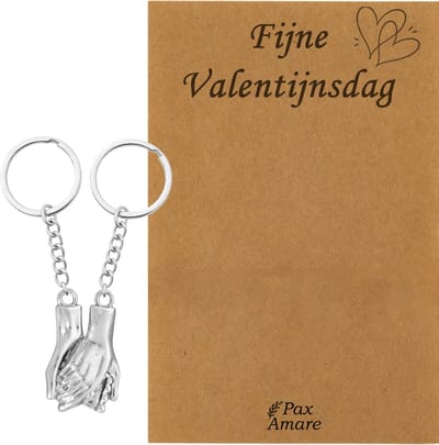 Koppel Sleutelhanger voor 2 'Fijne Valentijnsdag' - Handjes Vasthouden - Sleutelhanger set op Cadeau Kaartje - Zilverkleurig - Vriendschap of Relatie Symbool - Pax Amare