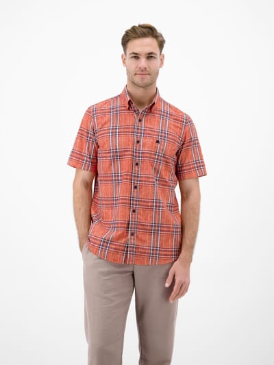 LERROS Geruit herenhemd met korte mouwen en structuur , Maat: M , Kleur: VIVID RED , 76% katoen, 24% polyester