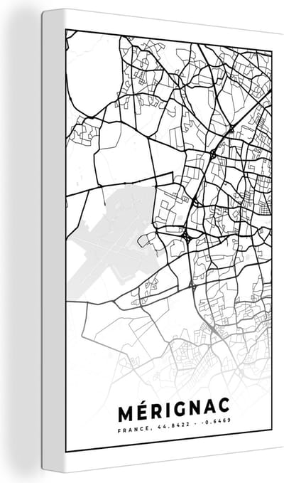 Canvas Schilderij Mérignac - Frankrijk - Plattegrond - Stadskaart - Kaart - Zwart wit - 20x30 cm - Wanddecoratie
