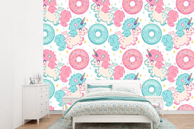 Behang - Fotobehang Eenhoorn - Donut - Baby - Breedte 360 cm x hoogte 260 cm
