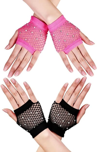 Vingerloze nethandschoenen met strass-steentjes voor dames, perfect voor jaren 80 kostuums, themafeesten en Halloween, roze neon feestaccessoires