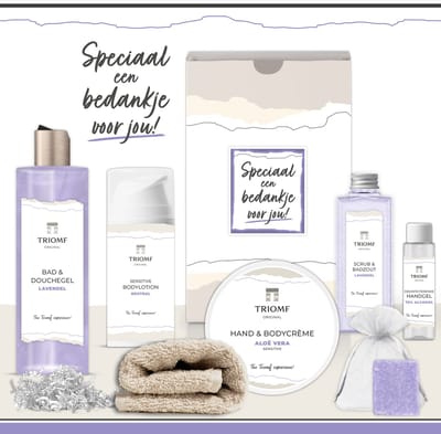 Geschenkset “Speciaal een bedankje voor Jou!” - 7 producten - 850 gram | Triomf Original - Giftset voor haar - Bedankt Cadeau Pakket - Geschenk Luxe wellness cadeaubox - Cadeaupakket Vrouw - Gift Set Goede hulp - Collega Zorgwerker Vrijwilliger Paars