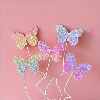 5 pièces Toppers de gâteau papillon pailletés ombrés, Décorations de gâteau ballon feuille or rose, Pics à cupcake papillon scintillants Décor de gâteau papillon 5pcs multicolore