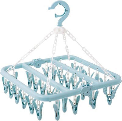 Draaibare washanger met 32 clips - Winddicht opvouwbaar droogrek voor sokken, ondergoed en handdoeken (blauw)