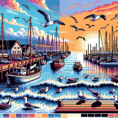 Pixel art haven schilderij | Haven van pixels: een kunstzinnige digitale haven creëren met pixels | Kunst - 30x30 centimeter op Canvas | Foto op Canvas