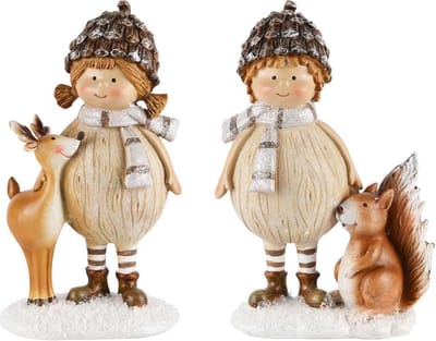 Set van 2 decoratiebeelden kindje met rendier & eekhoorn 18 x 11 x 6 cm | A215888 | Dekoratief Winterdecoratie