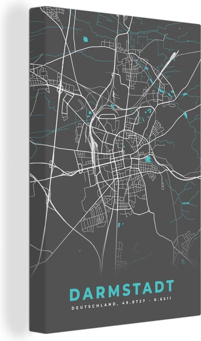 Canvas Schilderij Darmstadt – Stadskaart – Blauw – Plattegrond – Stadskaart – Kaart - Duitsland - 20x30 cm - Wanddecoratie