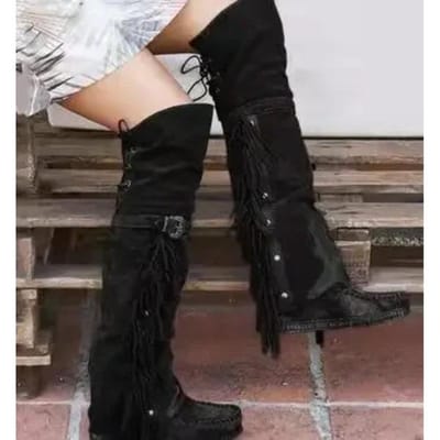 Heren Dames Laarzen Mode Bohemia Kniehoogte Etnische Persoonlijkheid Hoge Kwasten Kunstsuède Meisje Platte Bodem Lang Botas Mujer 41