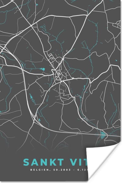 Poster Plattegrond – Sankt Vith – Blauw – Stadskaart - Kaart - België - 120x180 cm XXL