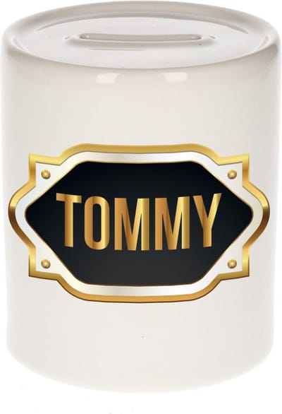 Spaarpot met voornaam Tommy - wit - met goud/zwart embleem - 8 x 9 cm - keramiek - met afsluitdop - cadeau verjaardag