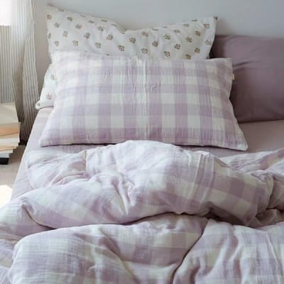 Mousseline Beddengoed Set - Katoen Linnenlook - Zacht Slapen - Dubbel Mousseline - 135 x 200 cm - Paars Geruit