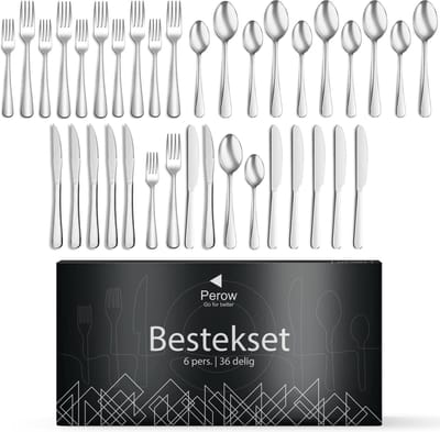 Perow 6 Persoons Bestekset – 36 Delig – 18/10 Edelstaal – Lepels, Messen, Vorken & Steakmessen – Vaatwasserbestendig – Zilver - Serviessets