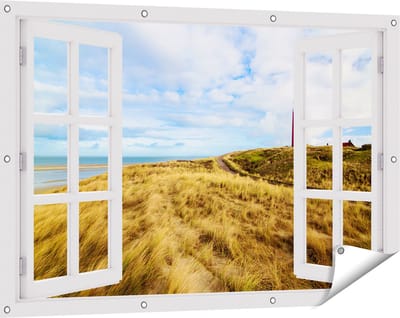 Gards Tuinposter Doorkijk Vuurtoren met Duinen in Texel - 120x80 cm - Tuindoek - Tuindecoratie - Wanddecoratie buiten - Tuinschilderij