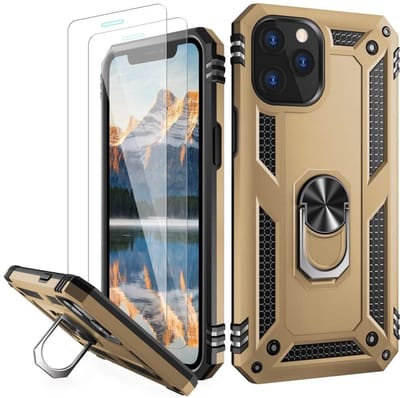 Hoesje Geschikt voor iPhone 12 Pro Max hoesje - Hardcase - Tough armor ring Goud + 2 stuks screenprotector