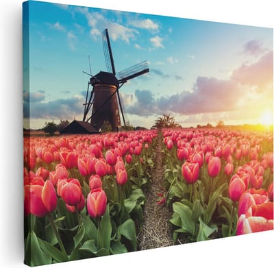 Artaza Canvas Schilderij Molen - 40x30 cm - Klein - Wanddecoratie Tulpenveld - Muurdecoratie Landschap - Kamer Accessoires Roze