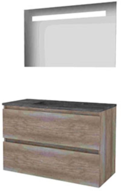 Basic-Line Economic 46 Badkamermeubelset - 100 x 46 cm - Greeploos - 2 Lades - Hardstenen Wastafel - 1 Kraangat - Spiegel met LED Verlichting - Scotch Oak