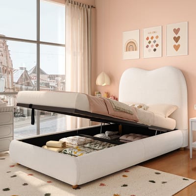 Gestoffeerd bed - eenpersoonsbed - kinderbed 90 x 200 cm - met bedframe - met hoofdeinde en opbergruimte - zonder matras - beige