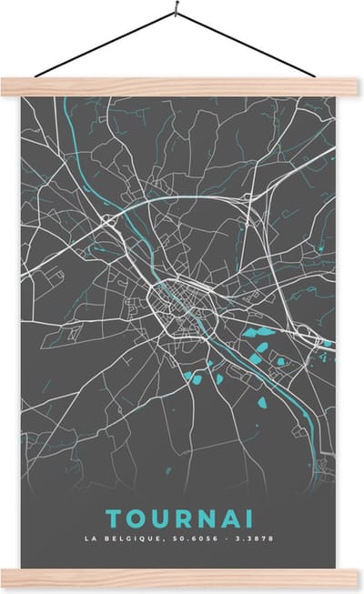 Posterhanger incl. Poster 40x60 cm - Schoolplaat - Kaart – Plattegrond – Stadskaart – Tournai – België - Grijs - Textielposter - Blanke latten - Stadskaart