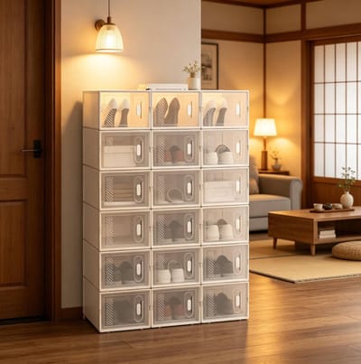OKWISH Schoenbox Set - Stapelbare Transparante Opbergboxen - 75 x 35,5 x 111,5 cm - 18 Vakken - Met Voordeur - Kunststof Wit