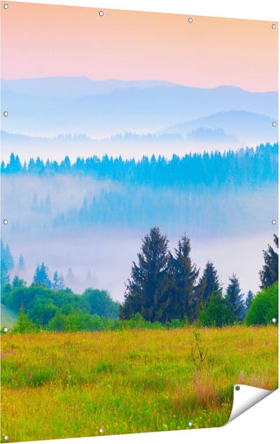 Gards Tuinposter Mistige Heuvel Landschap met Bossen - 120x160 cm - Tuindoek - Tuindecoratie - Wanddecoratie buiten - Tuinschilderij