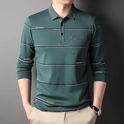 Lente en Herfst Nieuwe Heren Revers Casual Lange Mouw Poloshirt Heren Echte Zak Gewassen Katoen T-Shirt M gray