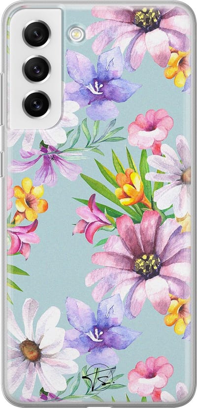 Hoesje geschikt voor Samsung Galaxy S21 FE - Mint bloemen - Soft Case - TPU - Bloemen - Blauw - Mooie Telefoonhoesjes