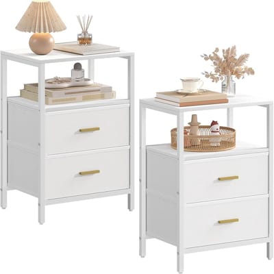 HOMESY Nachtkastjes Set van 2, Bijzettafel met 2 Stoffen Opbergladen en Planken, Nachtkastjes met Open Opbergplank voor Slaapkamer, Woonkamer, Kantoor, Wit