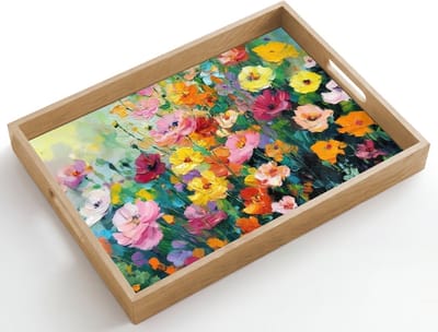 Dienblad hout 50x35 cm - Schootdienblad - Bloemen explosie - Heldere kleuren - Vrolijk - Borrelplank rechthoek - Plateau dienbladen