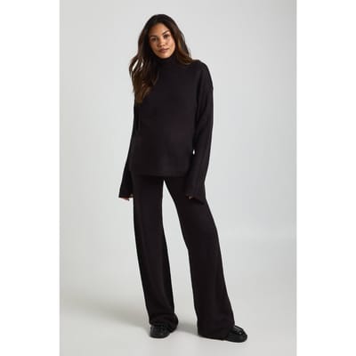 boohoo Dames Lange superzachte rollkragen oversized trui en wijde broek co-ord | Black | Maat: Small