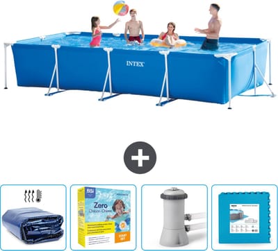 Intex Rechthoekig Frame Zwembad - 450 x 220 x 84 cm - Blauw - Inclusief Solarzeil - Onderhoudspakket - Zwembadfilterpomp - Vloertegels