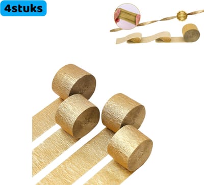 4 rollen - Slingers - Feestelijk decoratiepapier - Voor ballonnen, slingers en feestversieringen - Geschikt voor bruiloften, verjaardagen en kinderfeestjes - 25 meter x 4,5 cm breed - Crêpepapier - Goud