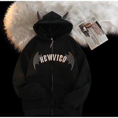 Vrouwen Retro Duivel Hoorns Hoodie Y2K Oversize Zip Brief Borduren Sweatshirts Harajuk High Street Lange Mouw Capuchon Tops XXL zwart