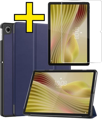 Hoes - Geschikt voor Lenovo Tab 10.1 inch - Met Screenprotector - Trifold Bookcase - Hard Cover - Hardcover Book Case - Tablet Hoesje - Donkerblauw