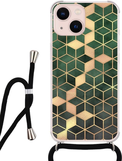 Hoesje met koord - Geschikt voor iPhone 13 - Groen kubus - Verstelbaar zwart koord - Transparant, Groen - Print / Illustratie - Leuke Telefoonhoesjes