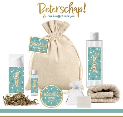 Geschenkset “Beterschap! en een knuffel voor jou” - 7 producten - 650 gram - Triomf Cosmetica | Giftset voor haar Opkikkertje Beterschapswens Vrouw Meisje Vriendin Welness Cadeaupakketje Verwenpakketje na operatie Beterschapscadeau Goud Turquoise