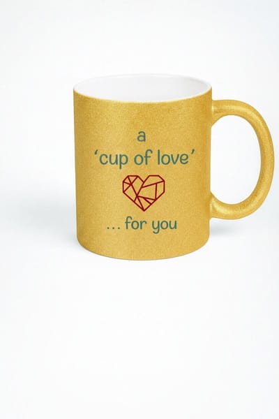 Gouden Glitter Mok 'Cup of Love' met Geometrisch Hart - Uniek Liefdescadeau