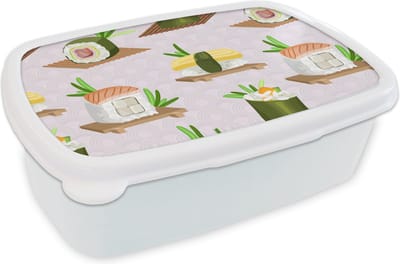 Broodtrommel Wit - Lunchbox - Brooddoos - Patronen - Eten - Sushi - Japan - 18x12x6 cm - Volwassenen