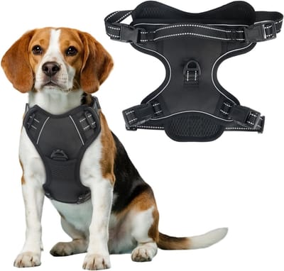 Verstelbaar zwart hondentuigje voor puppy's en honden, anti-trektuigje met reflecterende strepen, ademend en veilig harnas voor optimale controle